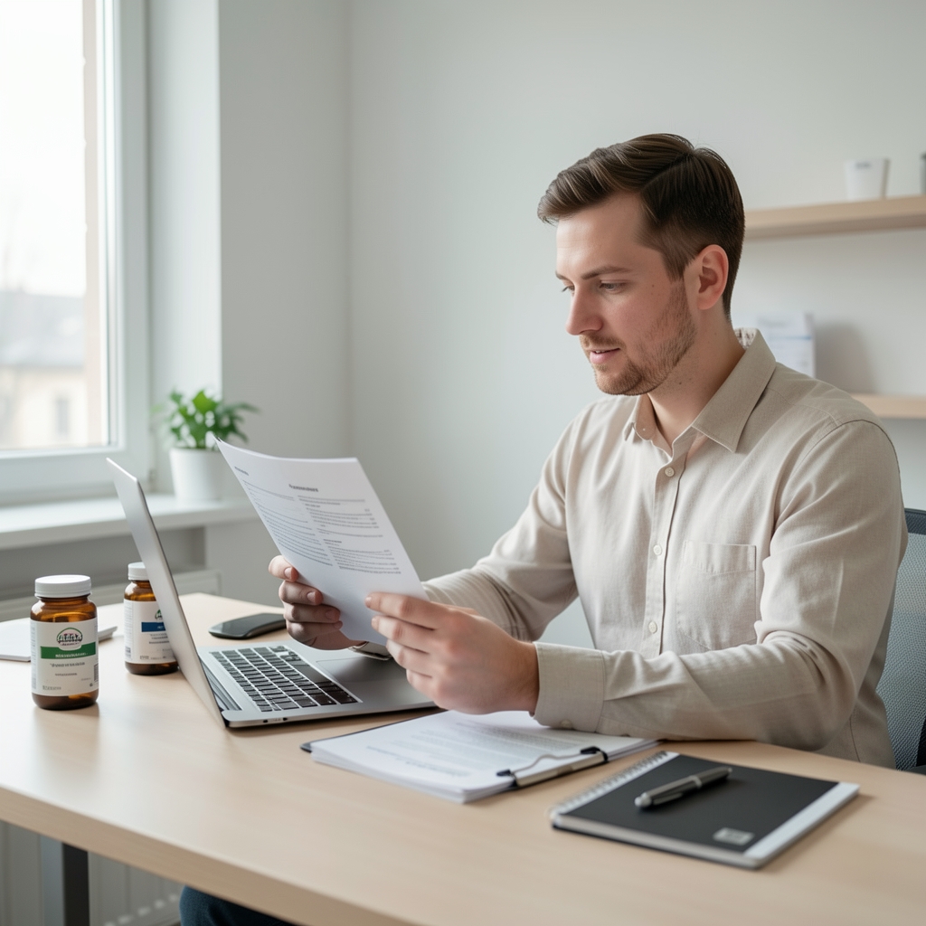 Male nutrition specialist reviewing sourcing documentation at a minimalist wooden desk, natural daylight from a side window, Warsaw studio setting