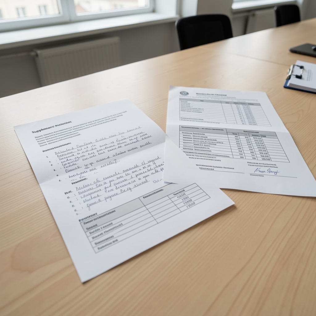 Supplement production documentation laid flat on a light wooden table in a Warsaw office, handwritten notes and printed batch verification reports, natural light
