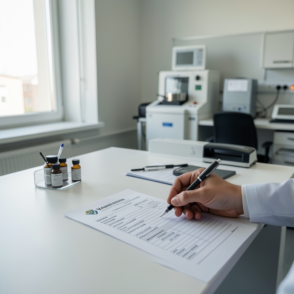 Ingredient consignment documentation and lot codes being logged on a desk with a printed batch intake form, clean workspace with natural window light, Warsaw supplement production facility