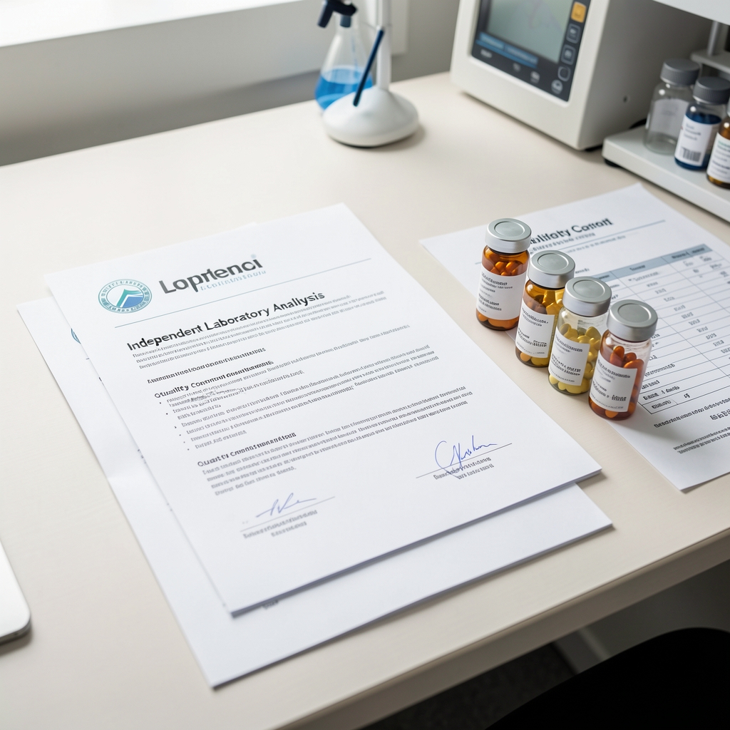 Independent laboratory analysis certificate document on a desk alongside supplement capsule sample vials, quality control results paperwork under bright workspace lighting