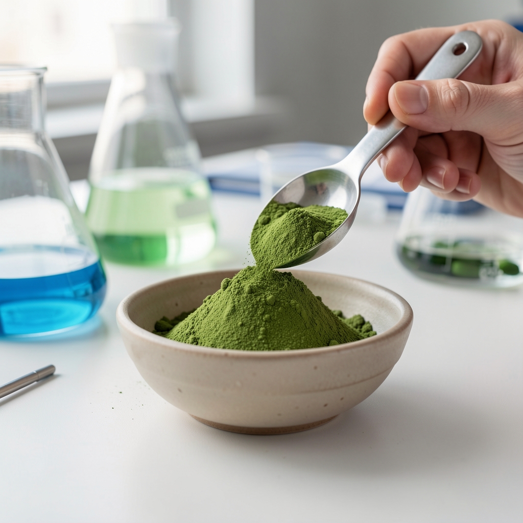Green botanical extract powder measured precisely in a small ceramic bowl, laboratory workspace with controlled lighting, supplement formulation process