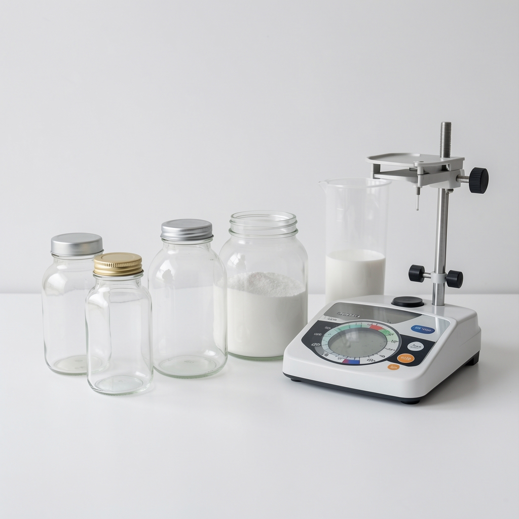 Clean supplement formulation workspace in Warsaw, glass bottles and ingredient measuring equipment arranged on a white surface under controlled studio lighting